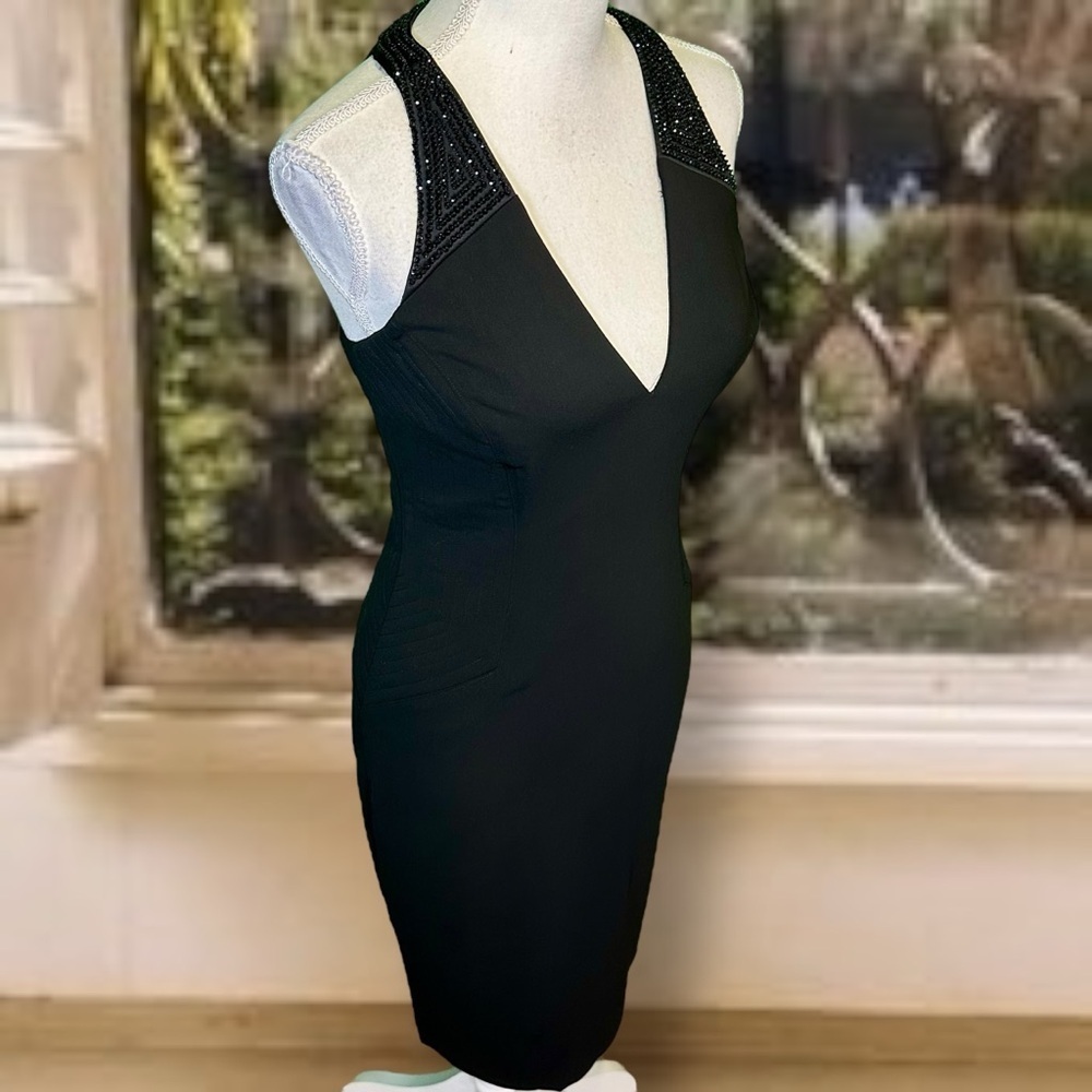 NWT Badgley Mischka Collection Black Beaded, Lace-Up Back V-Neck Midi Dress Sz 2